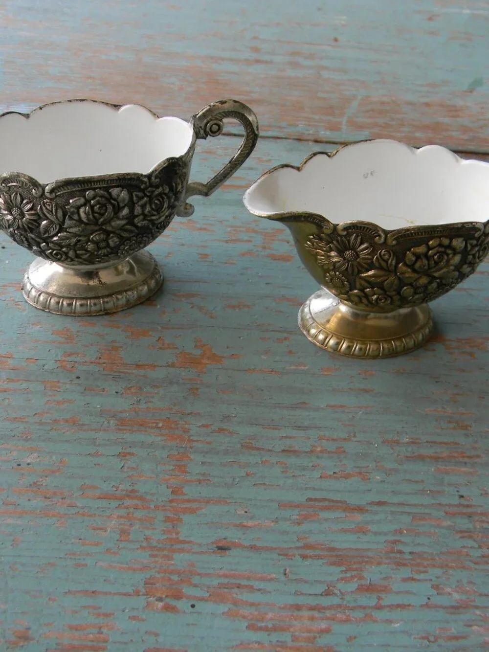 VINTAGE MINI Silver Plated Sugar Creamer Set Porcelain Lined, Floral EMBOSSED